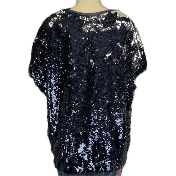 Roaman's 16W Navy Blue Metallic Changing Sequin V-Neck Lined Short Sleeve Blouse - Picture 3 of 5